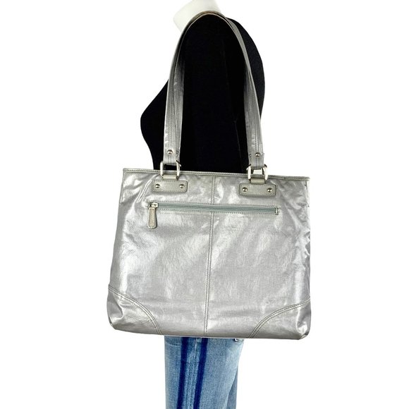 Vintage Handbags - Vintage 90s metallic silver coated canvas, lined maxi tote bag 12" x 13"